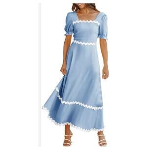 New Women’s Blue Square Neck Puff Sleeve Maxi Dress Flowy Boho Xl JC